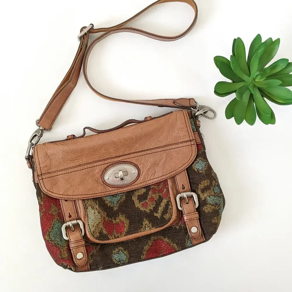 Long Live Vintage Fossil 1954 Maddox Brown Leather Tapestry Messenger Purse RARE